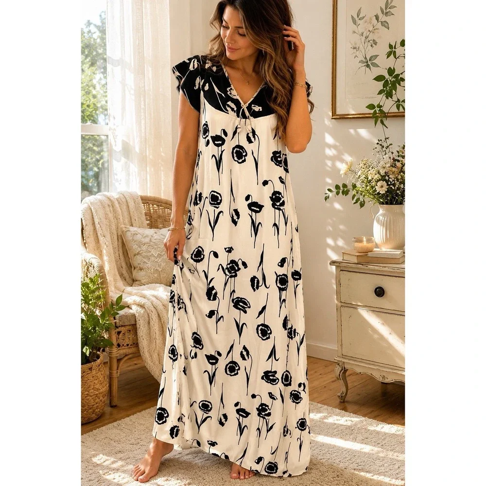 Vintage Maxi Floral Nightgown‎ M Sleep Dress Flutter Sleeve Romantic Cottagecore